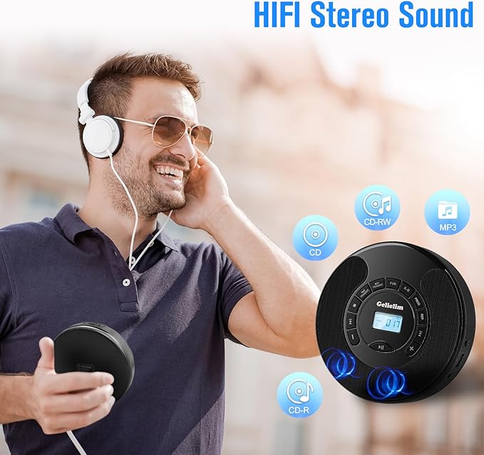 Gelielim Portable CD Player, CD Player for Car with Bluetooth and FM Transmitter, CD Music Player with Dual Stereo Speakers, Anti-Skip Protection, AUX/USB Port, 2000mAh Rechargeable Battery