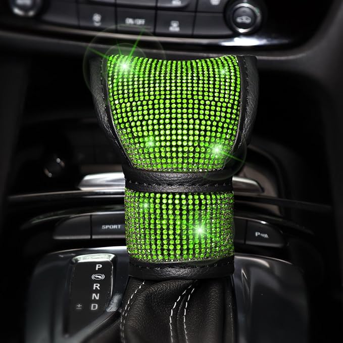 Steering Wheel Cover for Women 15 inch Set of 7,Crystal Diamond Rhinestone Green Bling Car Accessories,Seat Belt Cover,Gear Shift Cover,Push Start Bling Ring,Cup Coaster,Grass Green