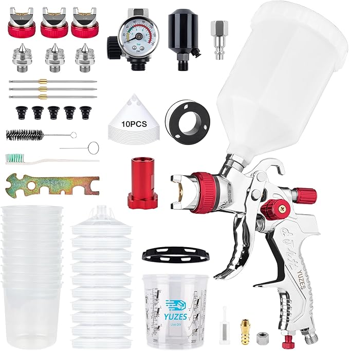YUZES HVLP Spray Gun Premium Kit with 1.4/1.7/2.0mm Nozzles, Air Spray Gun for Painting Cars, Furniture, DIY, 10 Disposable Paint Gun Cups & 600ml Mixing Cup with Ratio, with Paint Sprayer Accessories