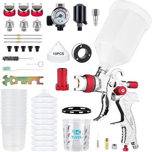 YUZES HVLP Spray Gun Premium Kit with 1.4/1.7/2.0mm Nozzles, Air Spray Gun for Painting Cars, Furniture, DIY, 10 Disposable Paint Gun Cups & 600ml Mixing Cup with Ratio, with Paint Sprayer Accessories