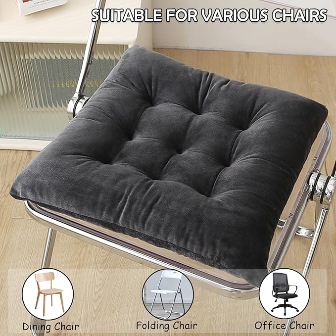 4 Pack Square Seat Cushion Chair Pads for Kitchen Dining Chairs, Soft Comfort Velvet Chair Mat Pillow Cushions with Ties for Office Desk Living Room Tatami 15.5", Dark Gray