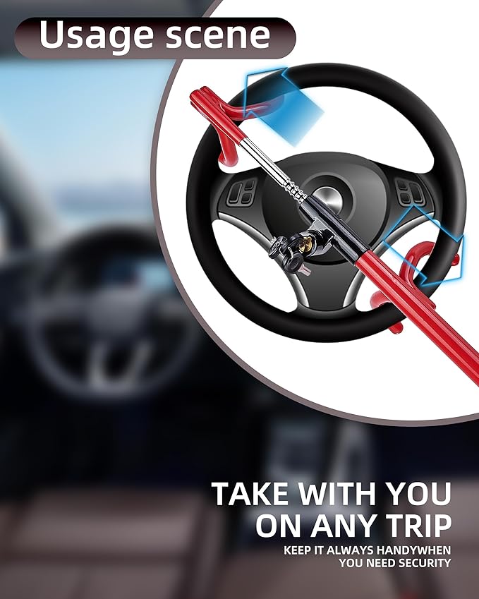 Dodomes Steering Wheel Lock Anti-Theft Heavy Duty Secure Car Device, Adjustable Length Clamp Double Hook Locks Universal Fit Red