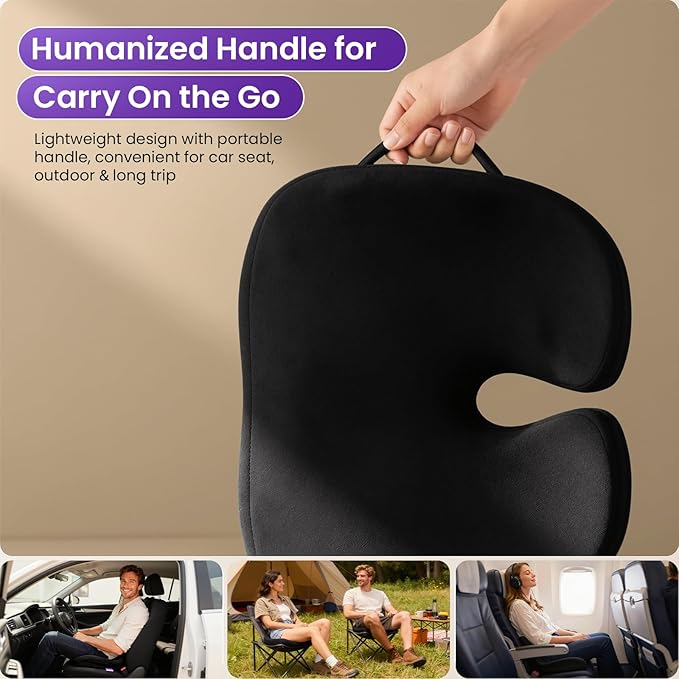 ZZ-WELL Seat Cushions for Office Chairs, Car Seat - Patented Coccyx Cushion for Tailbone Pain - Memory Foam Butt Cushion for Pressure Relief - Carry Handle & Non Slip Bottom (Black)