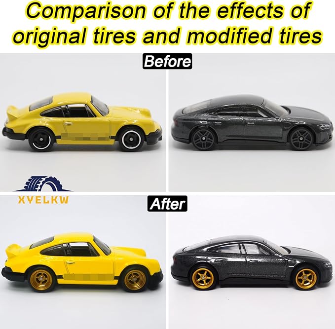 1/64 Wheels and Tires Set, 10-Pack 1 64 Scale Wheels with 10 for 1/64 Diecast Cars Upgraded and Modified Rubber Tires(Diameter 0.43in/11mm) (Gold)