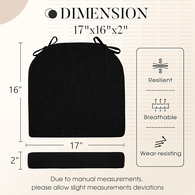 Basic Beyond Chair Cushions for Dining Chairs with Ties and Removable Cover, 2" Thick Seat Cushions for Kitchen Chairs, Set of 6, 17" x 16", Black