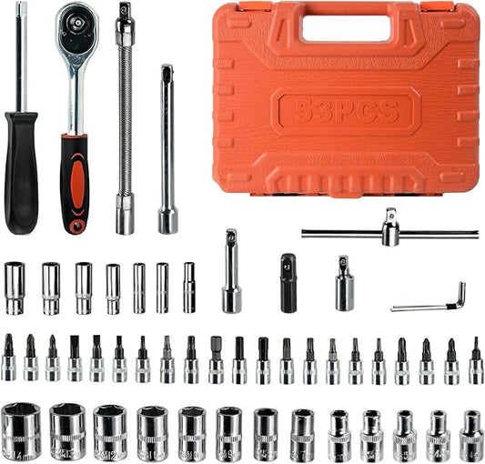 53 Pieces Socket Wrench Set Drive Socket Set with 1/4 Inch Ratcheting Wrench Plastic Toolbox Storage Case for Automotive Repair And Home Use