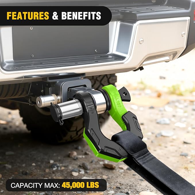 Nilight 2 Pack 3/4" D-Ring Separate Shackle with 7/8" Lock Pin 45,000 lbs Break Strength, Off Road Recovery Shackle with Isolators Washers for Use with Tow Strap, Winch, Truck Vehicle (Black&Green)