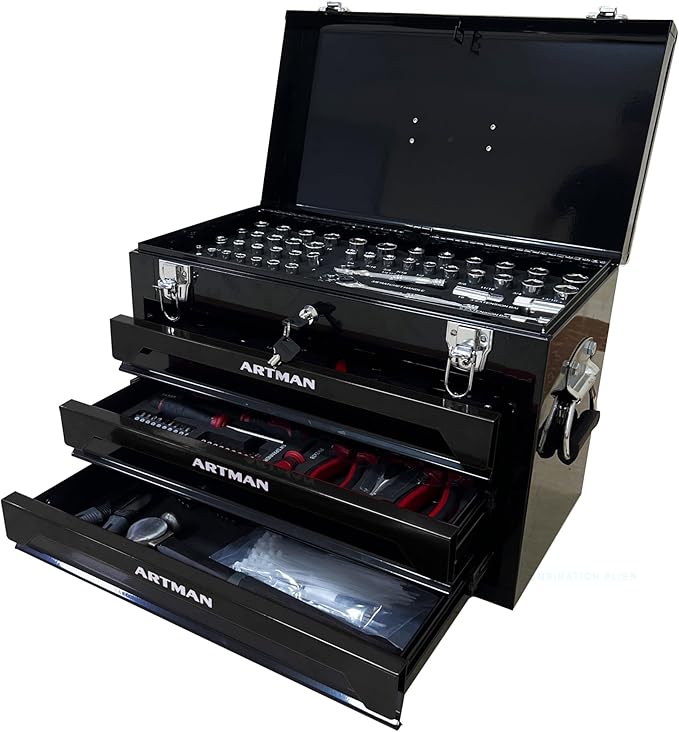 20" Portable 3 Drawer Steel Toolbox,Built in Tool Set,4 Layers of Tools with Metal Latches, with Top Storage Tray and carrying Handle, Multi-Function Tool Storage for Garage, Home,or Workbench