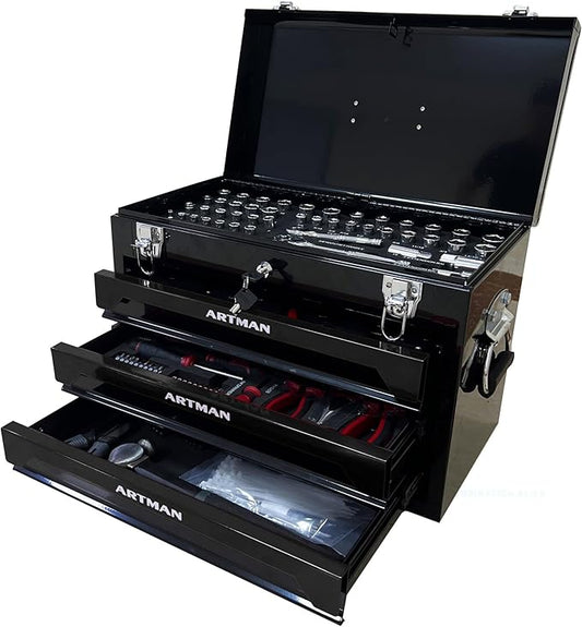 20" Portable 3 Drawer Steel Toolbox,Built in Tool Set,4 Layers of Tools with Metal Latches, with Top Storage Tray and carrying Handle, Multi-Function Tool Storage for Garage, Home,or Workbench