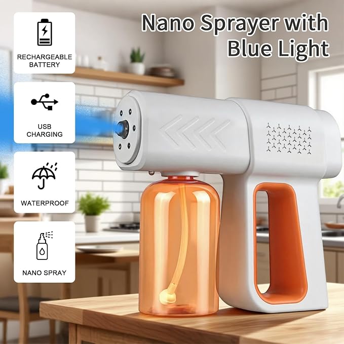 Professional Fogger Machine, 380ml Wireless Nano Sprayer Gun, Rechargeable ULV Atomizer with Blue Light for Touchless Cleaning