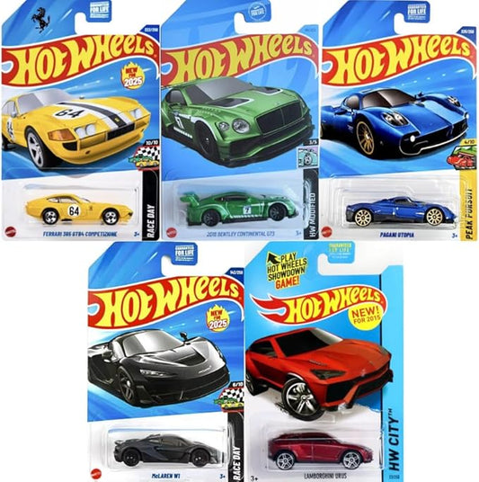 Hot Wheels Exotic Car Random 5 Pack W/Guaranteed Ferrari! [No Duplicates!] (Styles May Vary) Assorted Mystery Bundle! 1:64 Scale Diecast Toy Vehicles