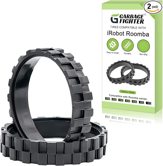 Garbage fighter Tires for Series 500, 600, 700, 800 and 900, e5, e6, i7,Anti-Slip, Great Adhesion and Easy Assembly, Wheel Replacement for All roomba Models (Black 2 Pack)