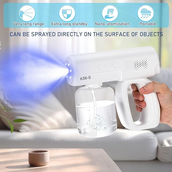 2 Pack Rechargeable Nano Spary Gun Wireless Disinfectant Fogger Machine Handheld Electric Sanitizer Atomizer Portable Barber Mist Sprayer Nano Steam Gun with Blue Light for Home Office Garden