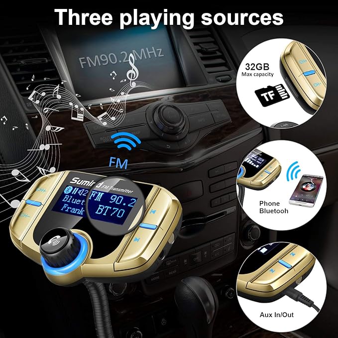 Sumind 2026 Upgraded Wireless Bluetooth Car Adapter FM Transmitter, 1.7'' LCD Display, Flexible Gooseneck, 20W QC3.0&Dual USB Ports, AUX Input/Output for Hands-Free Call, Micro/TF Card(Golden,Normal)