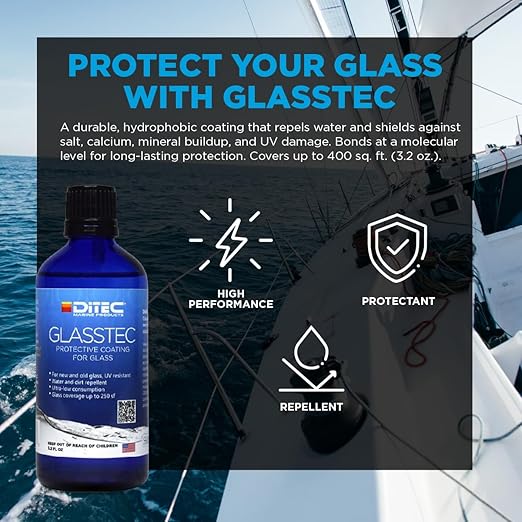 Ditec Marine Glasstec - Hydrophobic Glass Sealer & Rain Shield - High-Performance Marine Window Coating - Repels Water, Salt & Grime - Ceramic Coating Alternative for Boat Glass - Eco-Friendly