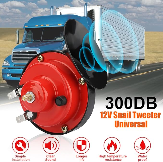 2PCS 300DB Super Loud Train Horns, 12V Waterproof Air Horns Replacement Kit, Car Air Electric Snail Double Horn, Automotive Accessories Universal for Car, Motorcycle, Truck, Bike, Boat (Red)