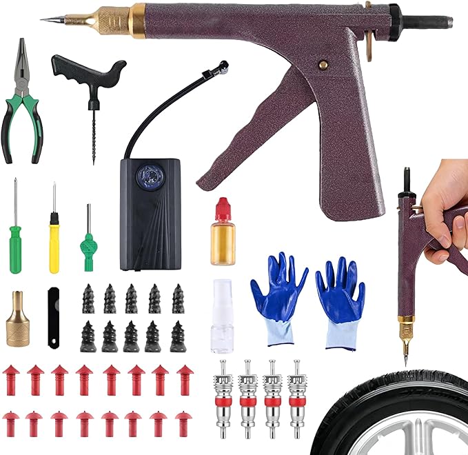 tire Plug kit Motorcycle tire Repair kit tubeless tire Repair kit Suitable for Punctured and Flat Tires of Motorcycles, Cars, ATVs and Lawn mowers; Includes an inflator（Red ）