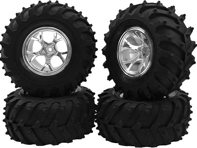 4.72''OD Rubber Tires & Wheel Rim 12mm Hex Hub Compatible with RedCat Volcano Traxxas Rustler HPI HSP Tamiya Exceed Himoto 1/10 Off-Road Monster Truck,120mmx56mm (Silver)