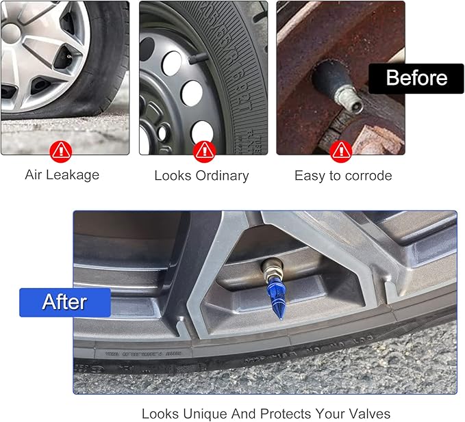 SINGARO 45mm Spiked Aluminum Stem Valve Caps,4PCS Dustproof Tire Wheel Stem Caps for Cars,SUVs,Trucks Bicycles and Motorcycles(Blue)