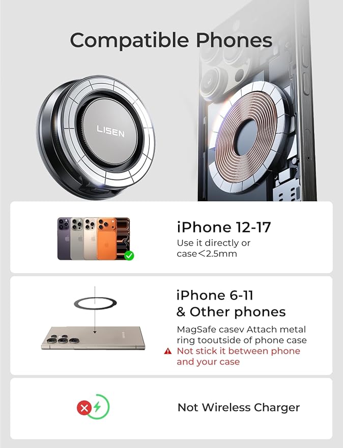 LISEN Suction Phone Mount for Vacuum, 360 Adjustable Vacuum Magnetic Phone Holder for Car [All Metal & Nano Gel Super Strong Suction] for Magsafe Car Mount for iPhone 17 Pro Max 16 15 14 13 12