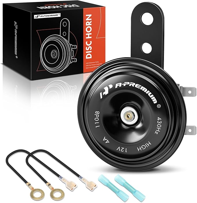 A-Premium Disc Horn High Universal Electric Horn - 12V 110 dB - Compatible with Passenger Car, Commercial/Off-Road Vehicle, ATVs, Scooter, Dirt/Pocket Bikes, Motorcycles & More, 76 mm