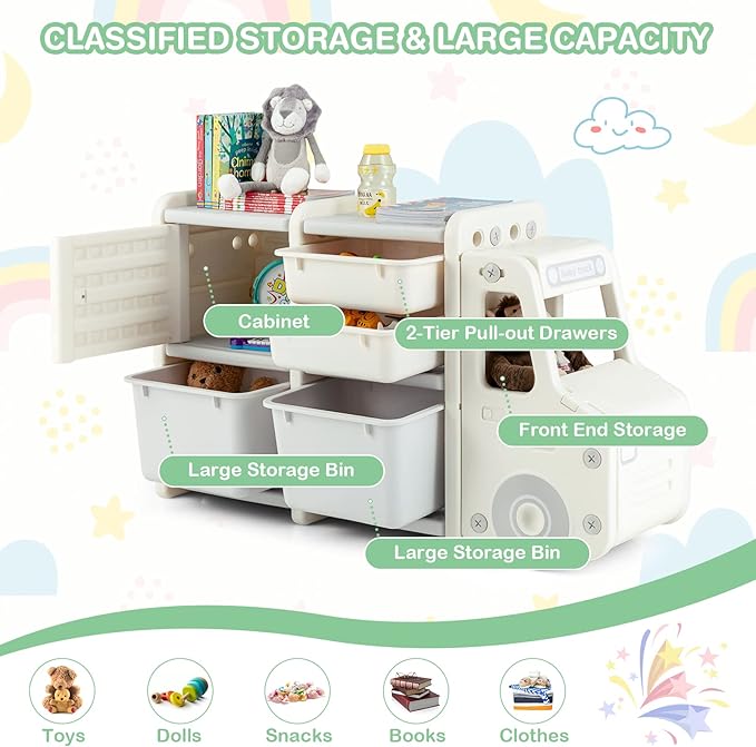 Costzon Toy Storage Organizer, Toy Shelf with with 2 Removable Toy Bins, 2 Pull-Out Drawers, Enclosed Cabinet, Kids Bookshelf, Toy Organizers and Storage for Kids Room, Playroom, Nursery (Beige)