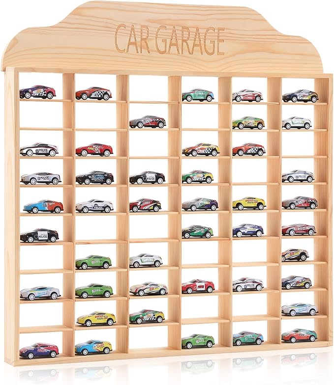 Seenelling Wooden Display Case for Hot Diecast Wheels, Wall Mount, 1/64 Scale, Toy Car Storage Display Shelf, Model Car Storage Organizer, Cabinet for Model Collectible(Wood Color,60 Spaces)