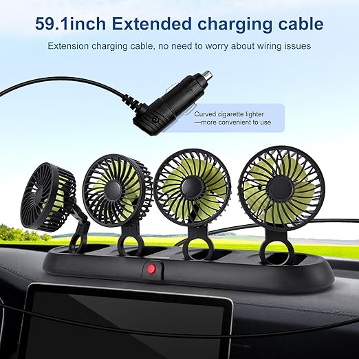 Portable 4-Head Car Cooling Fan - 3-Speed Adjustable, 360° Rotating, Cigarette Lighter Plug, Powerful Airflow for Vehicles, RVs, and SUVs