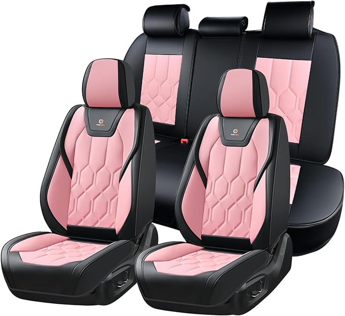 Huidasource Seat Covers Full Set, Universal Fit for Most Cars SUV Trucks, Full Coverage Leather Seat Cover, Airbag, Cupholder Compatible, Seat Function Retain, Easy Install with Velcro, Black & Pink