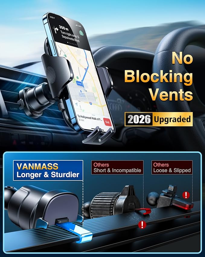 [True Military-Grade] Car Phone Holder VANMASS [Upgraded Strongest Suction&Clip] Cell Phone Mount for Dashboard Windshield Vent Wall,Truck Cradle Stand for iPhone 17 Pro Max 16 15 14 Android,Ink Black
