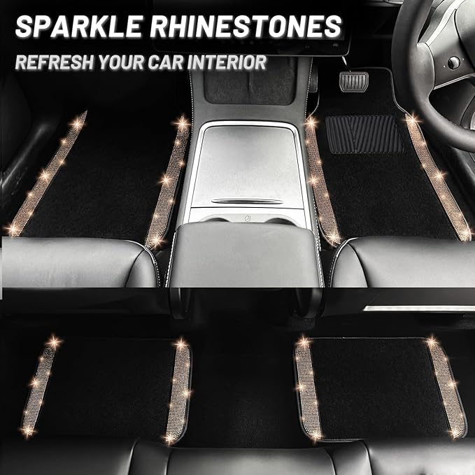NBTEPEM 12 Pcs Bling Car Accessories Set for Women Car Floor Mats Full Set Steering Wheel Cover Seat Belt Covers Coasters Universal Fit Car SUV Truck Van Gold