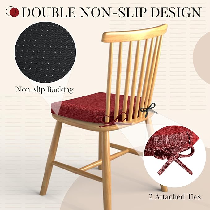 Basic Beyond Chair Cushions for Dining Chairs with Ties and Removable Cover, 2" Thick Seat Cushions for Kitchen Chairs, Set of 4, 17" x 16", Red