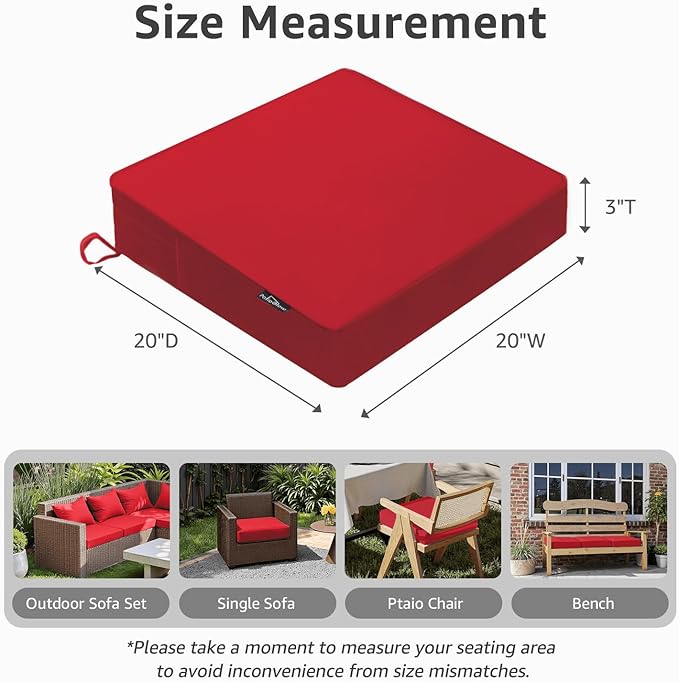 PatioGlow Outdoor Chair Cushions 20 x 20 x 3 Inch, Waterproof & Fade Resistant Patio Seat Cushion for Furniture with Handle and Ties, Thick Seating Pads for Outside Sofa Couch Set of 2, Red
