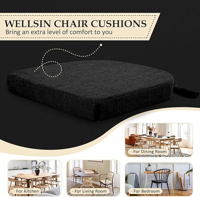 Wellsin Chair Cushions for Dining Chairs 6 Pack - Kitchen Chair Cushions with Ties and Non-Slip Backing - Dining Chair Pads 16"X16"X2", Black