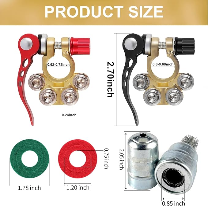 SINGARO Car Battery Terminal Clamp Connector, 4 Way Positive and Negative Pole Quick Release Terminal Clip, Applicable to SAE/JIS A Type Post, Compatible with Cars, Trucks and More（Gold-B）