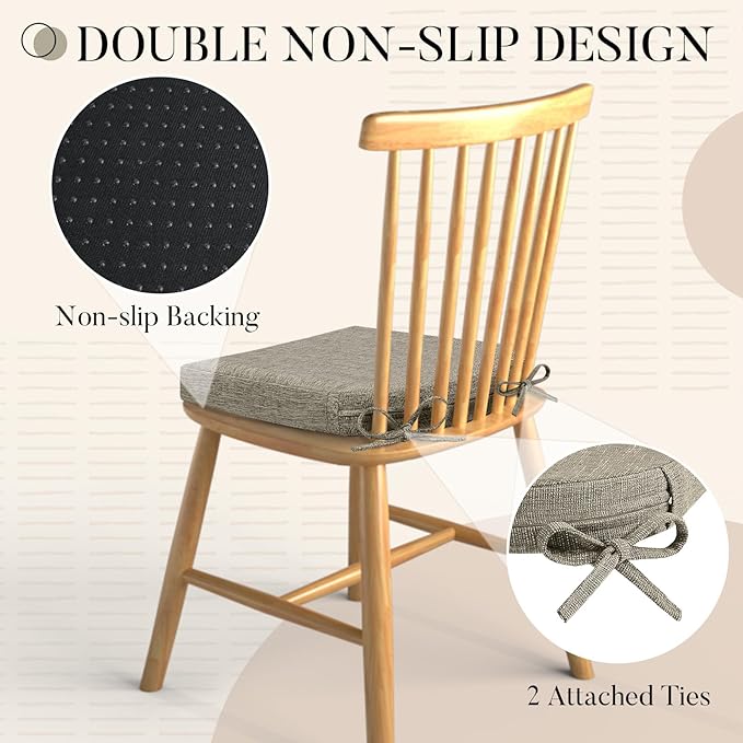 Basic Beyond Chair Cushions for Dining Chairs with Ties and Removable Cover, 2" Thick Seat Cushions for Kitchen Chairs, Set of 4, 17" x 16", Khaki