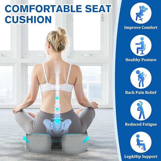 CushyOasis Seat Cushion, Chair Cushions, Office Chair Cushions, Anti-Slip Bottom & Removable Cover Tailbone Pain Relief Cushion, Memory Foam Seat Cushion, 5.28 in Thick (Light Grey)