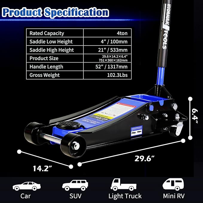 4 Ton Low Profile Floor Jack, Professional Trolley Jack Hydraulic Jack, Heavy-Duty Steel Racing Floor Jack with Dual Piston Quick Lift Pump,Lift Range 4"-21", (8,000 lb) Capacity