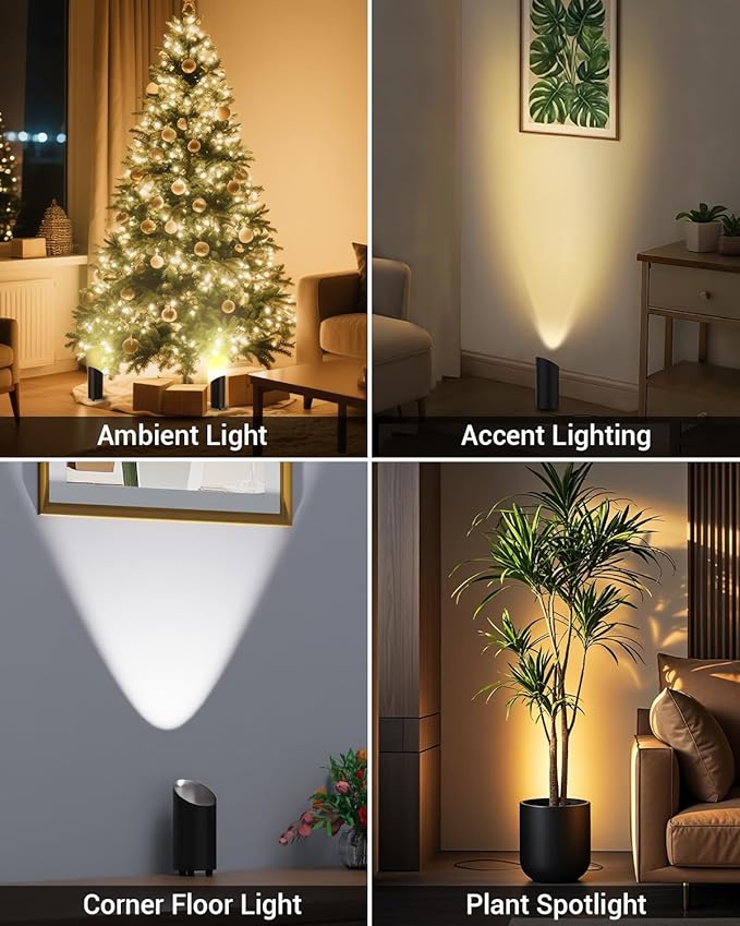 Abovizo 2 Pack Uplighting Indoor, LED Floor Can Lights with Remote and Timer, 3 Color Temps Dimmable Spotlight for Corner Sofa Plant Home Accent Lighting, 5.9 FT Plug Cord & Foot Switch, Black