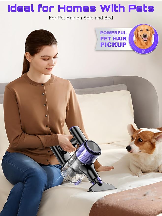 Cordless Vacuum Cleaner, 10 in 1 Stick Vacuum with Powerful Suction, Hose, Green LED Light, Anti-Tangle Brush, Lightweight Rechargeable Vacuum Cleaner for Home, Hardwood Floors,Pet Hair (Purple)