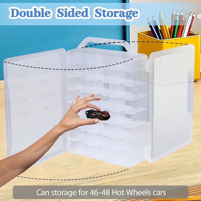 Double Sided Storage Case for Hot Wheels Storage with Carrying Handle, Portable 1/64 Scale Toy Cars Storage Box Compatible with 46 Matchbox Hot Wheels Storage, Case Only (1 Pack)