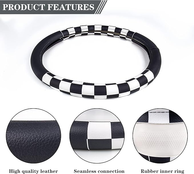 Evankin Lattice Leather Steering Wheel Cover, Black and White Checker Car Accessories, Non-Slip and Comfortable Unisex Universal Steering Wheel Cover 15 inch for Women Men (Black and White Checker)