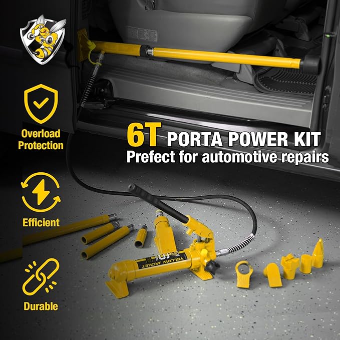 YELLOW JACKET 6 ton Porta Power Kit Hydraulic Ram Jack Pusher Puller Auto Body Frame Repair Tool with Blow Mold Carrying Storage Case for Car Repair,Truck,Farm