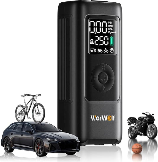 WARWOLF 160PSI Tire Inflator Portable Air Compressor, Electric Air Pump for Car Tires with Pressure Gauge, Dual Power 12V DC, LED Light, Auto Shut-Off, Tire Pump for Auto, Motorcycle, Bicycle, Balls