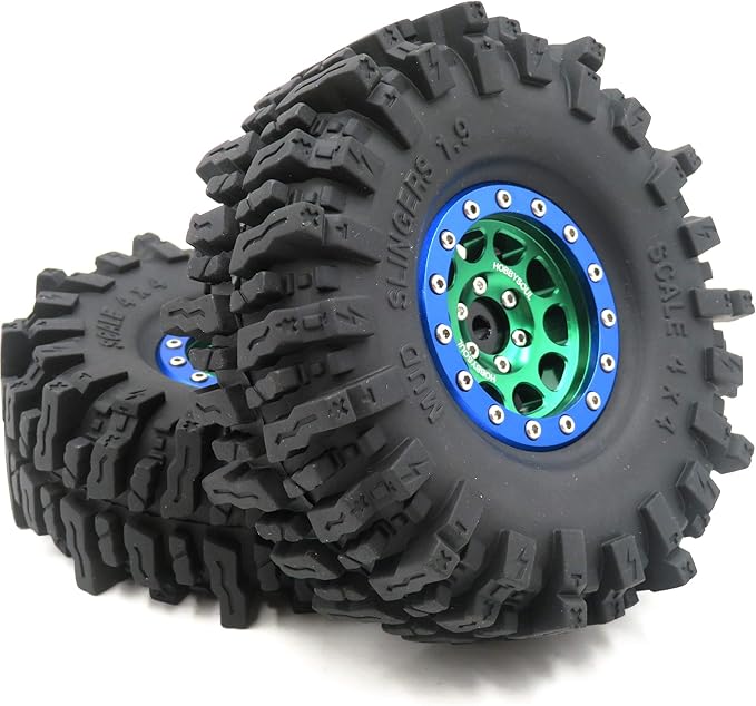 HOBBYSOUL Soft Sticky 1.9 Mud Slingers Tires T8 Tyre 120mm/4.72inch & 1.9 Beadlock Wheels Green Blue Color For 1/10 Rock Crawler Traxxas TRX4 Axial SCX10 Redcat Gen8, (4-Pack)