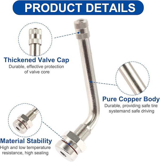10 Piece TR545D 60 Degree Valve Stems for Commercial Vehicles. Fits 0.382"+0.0118" Valve Hole Dia, Length 3.78'', Nickel-Plated Brass, Silver