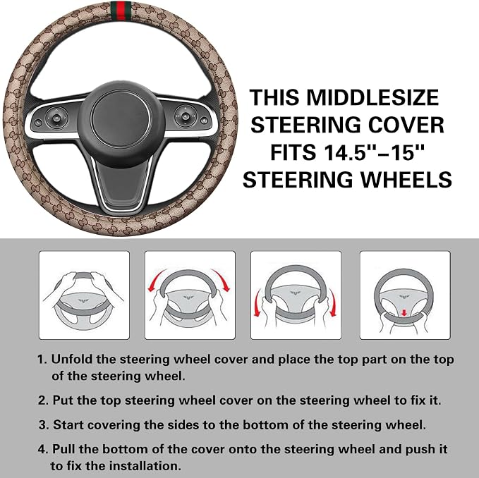 5PCS Steering Wheel Cover, with 2 Headrests, 2 Seat Belt Covers - Universal Fit for 14.5-15" Steering Wheel, Enhances Driving Experience - Perfect for Women (Beige)