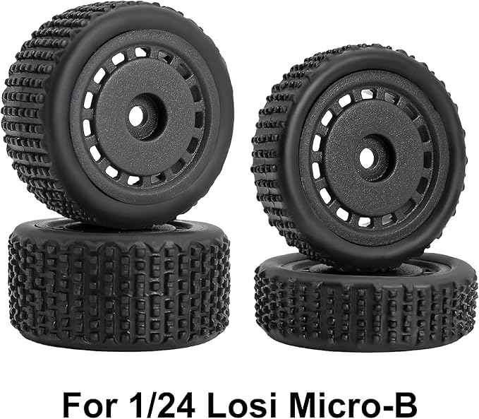 Pre-Mounted Pin Buggy Tires and Wheels Rims Hub Tires Set for 1/24 Losi Micro-B 1/28 Losi Micro-T Wltoys 244016 Upgrade Part (Black Micro-B)