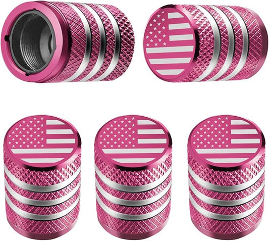 Tire Valve Stem Cap Cover - (5 Pack) Tire Air Cap Metal with Plastic Liner Corrosion Resistant Leak-Proof American Flag for Car Truck Motorcycle Bike Pink