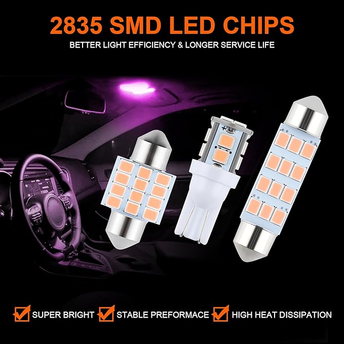 iFunyLED 24 Pieces Dome Light LED Car Interior Bulb Kit Set 194 T10 DE3175 578 31mm 42mm Bulbs Interior Replacement Lights for Car Map License Plate Door Side Marker Cornering Trunk Light - Purple